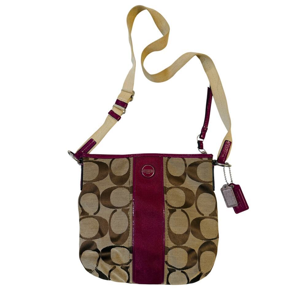 Coach Crossbody Bag Womens Khaki Fuchsia‎ Pink Canvas Leather Trim Y2K Hangtags